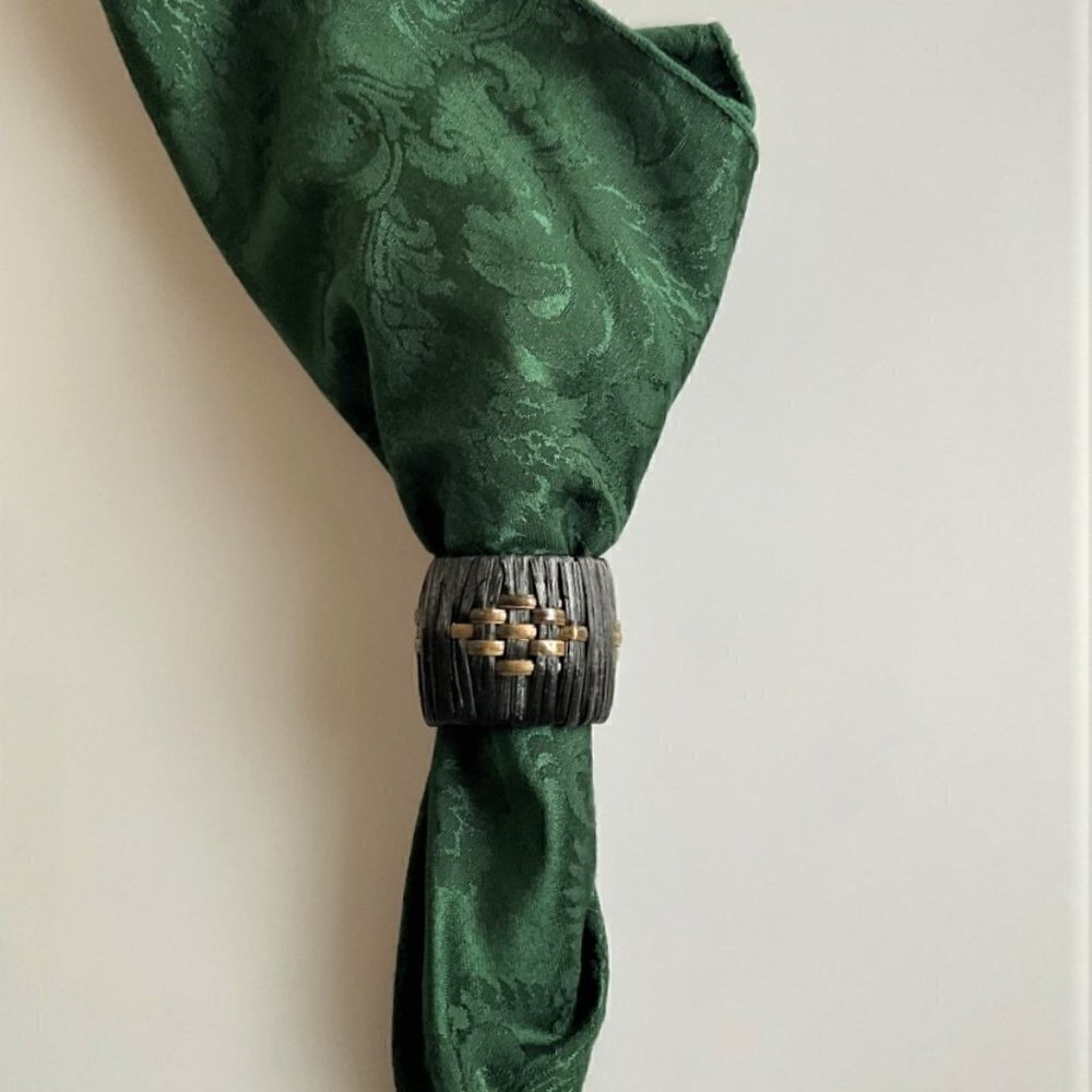 VTG WC Design Forest Green Damask Cloth Napkins & Ring Set - 16 Pcs - Picture 2 of 11